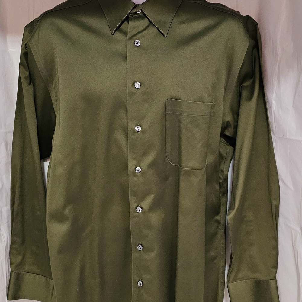 Murano Liquid Cotton Long Sleeve Olive Green Men's Dress Shirt, Large. TS7